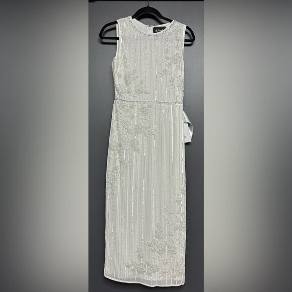 NWT Mac Duggal Striped Floral Embellished Sleeveless Midi Dress 2 White 70260 - Picture 4 of 10